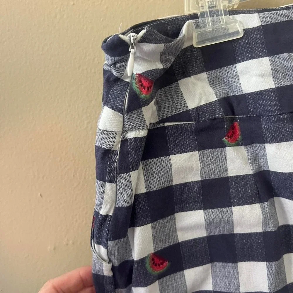Sara Studio Petite Navy White Gingham Watermelon‎ Embroidered Skort Large L